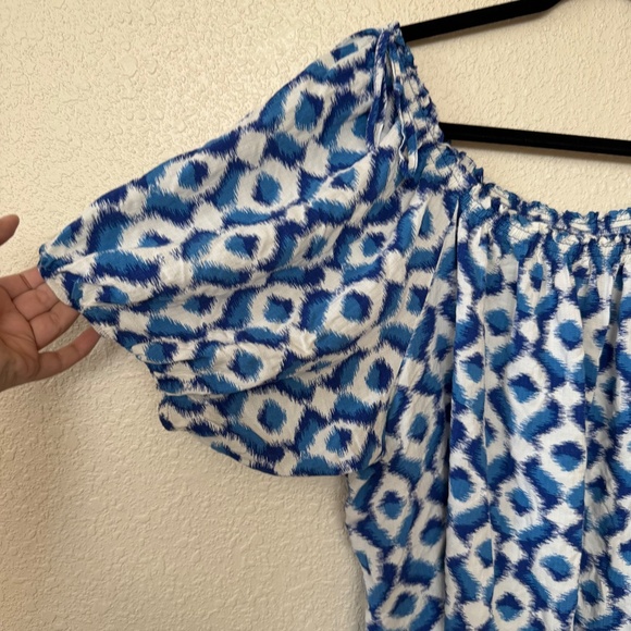 Knox Rose Blue & White Ikat Printed Short Puff Sleeve Blouse XXL - Picture 5 of 9